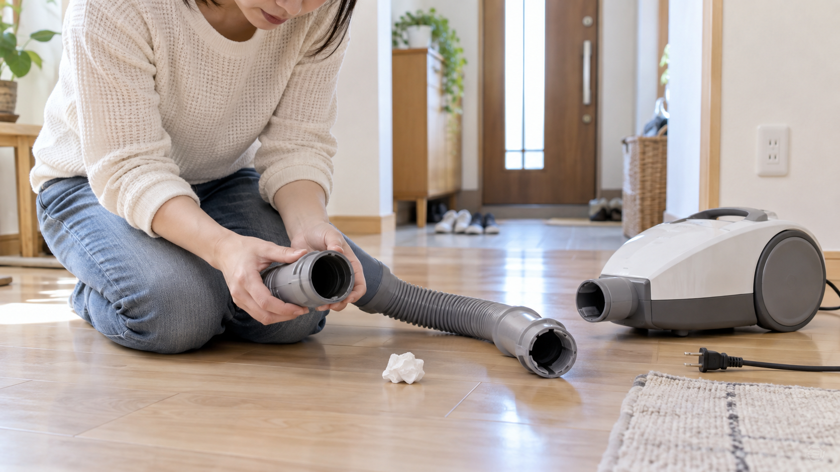 電源を外した掃除機のホース両端を確認する人