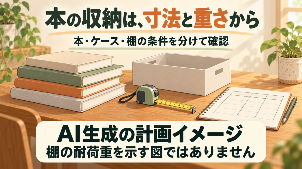 本と空の収納ケース、巻尺、確認メモを机上に並べた計画イメージ（AI生成・棚の耐荷重を示すものではありません）