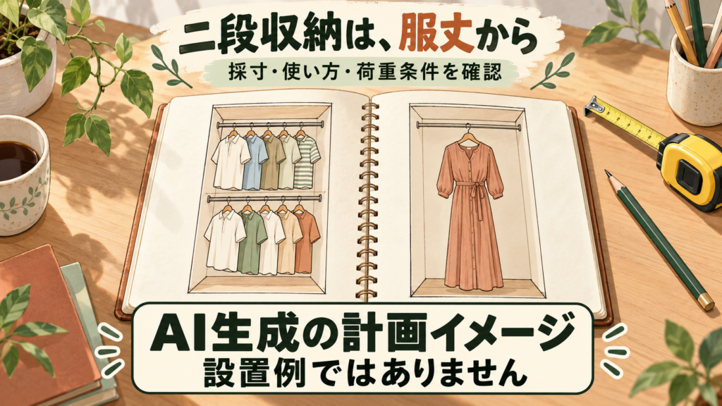 短い服の上下二段と長い服の一段保持をノート上で比べる計画イメージ（AI生成・設置例ではありません）