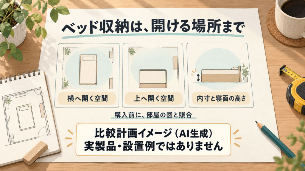 ベッドの開閉空間や内寸・寝面の高さを、部屋の図と照合する購入前の計画イメージ（AI生成・実製品や設置例ではありません）