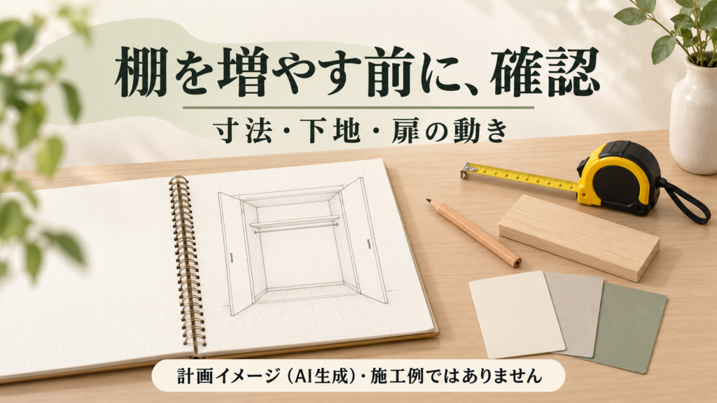 クローゼットの計画スケッチと巻尺、木材サンプルを並べた計画イメージ（AI生成・施工例ではありません）